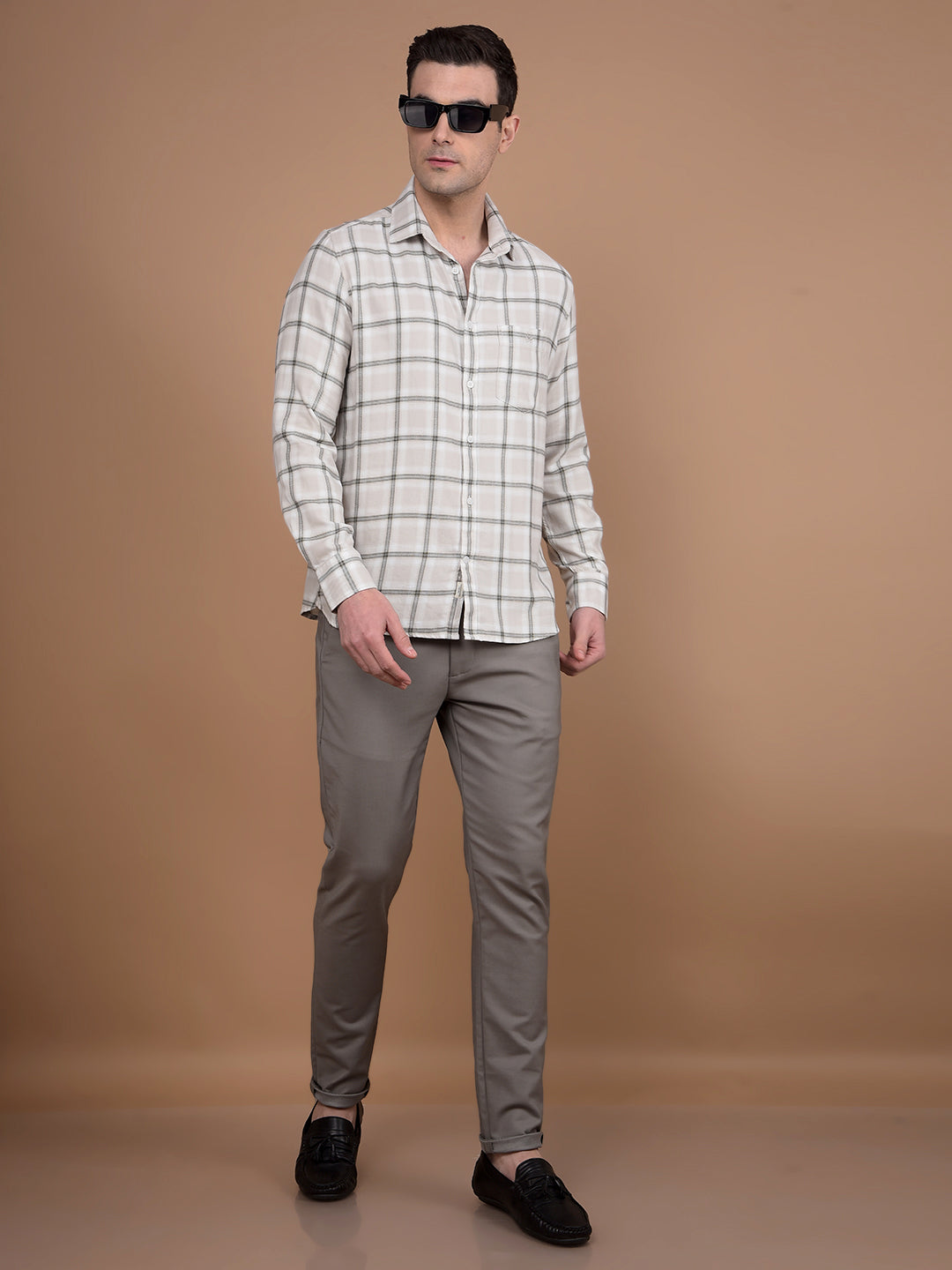 Beige Checked 100% Cotton Shirt