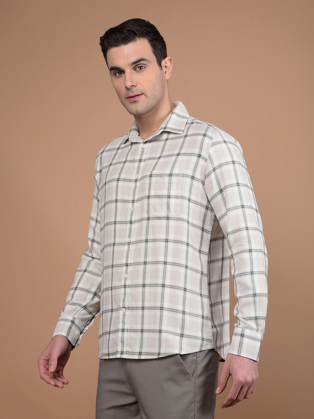 Beige Checked 100% Cotton Shirt-Men Shirts-Crimsoune Club