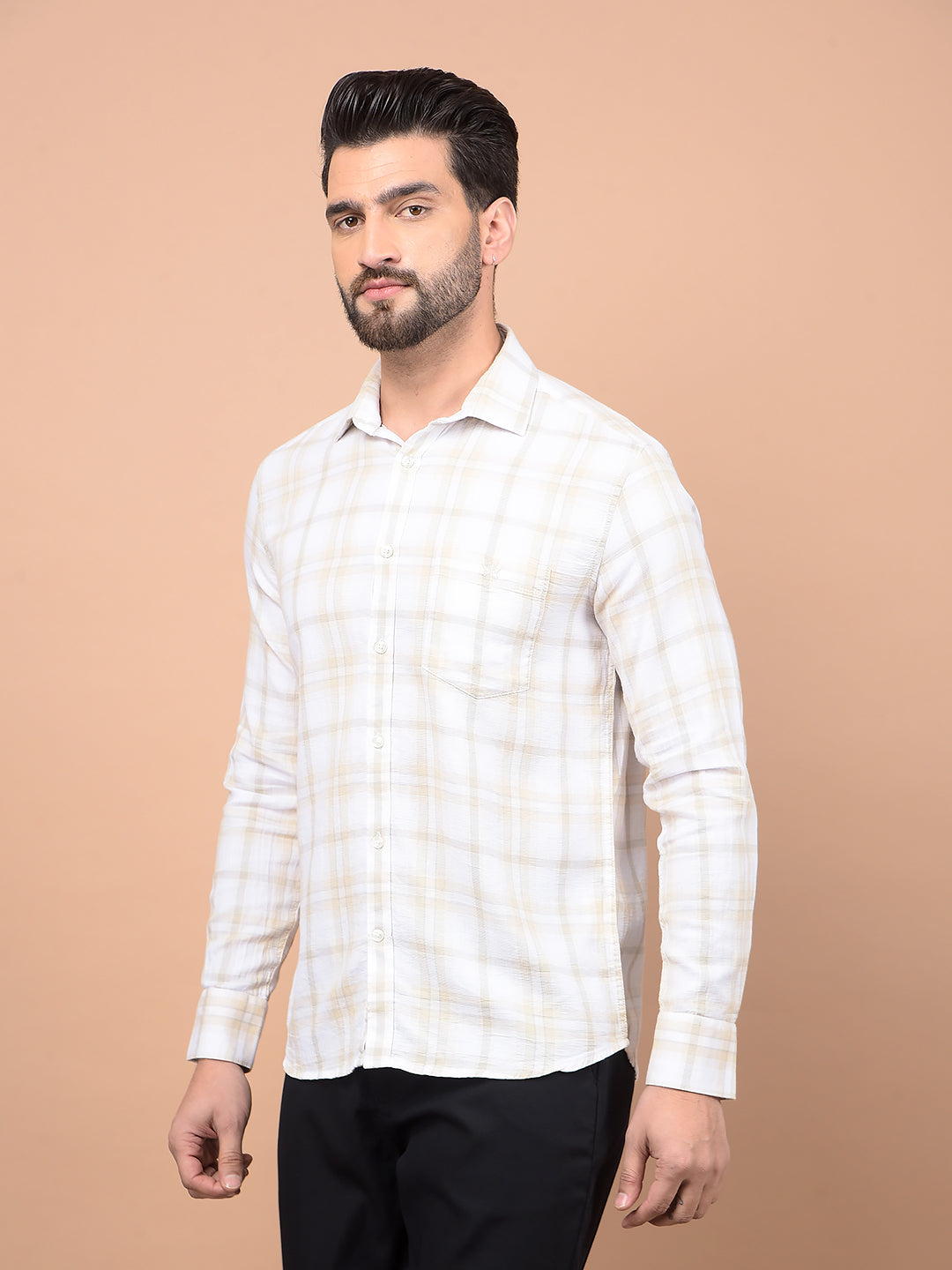 Beige Checked 100% Cotton Shirt