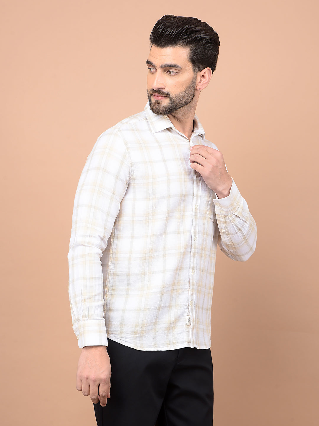 Beige Checked 100% Cotton Shirt