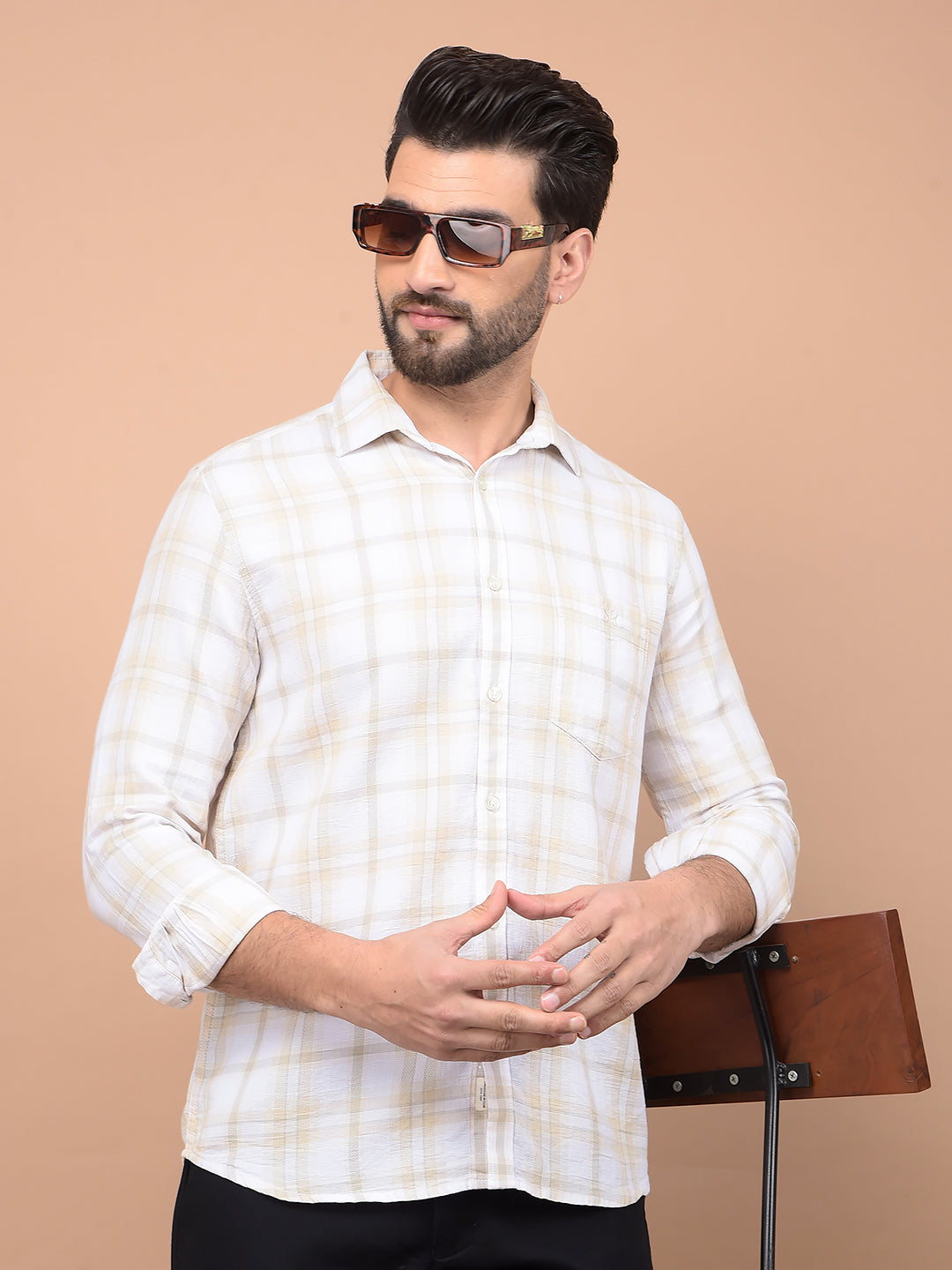 Beige Checked 100% Cotton Shirt