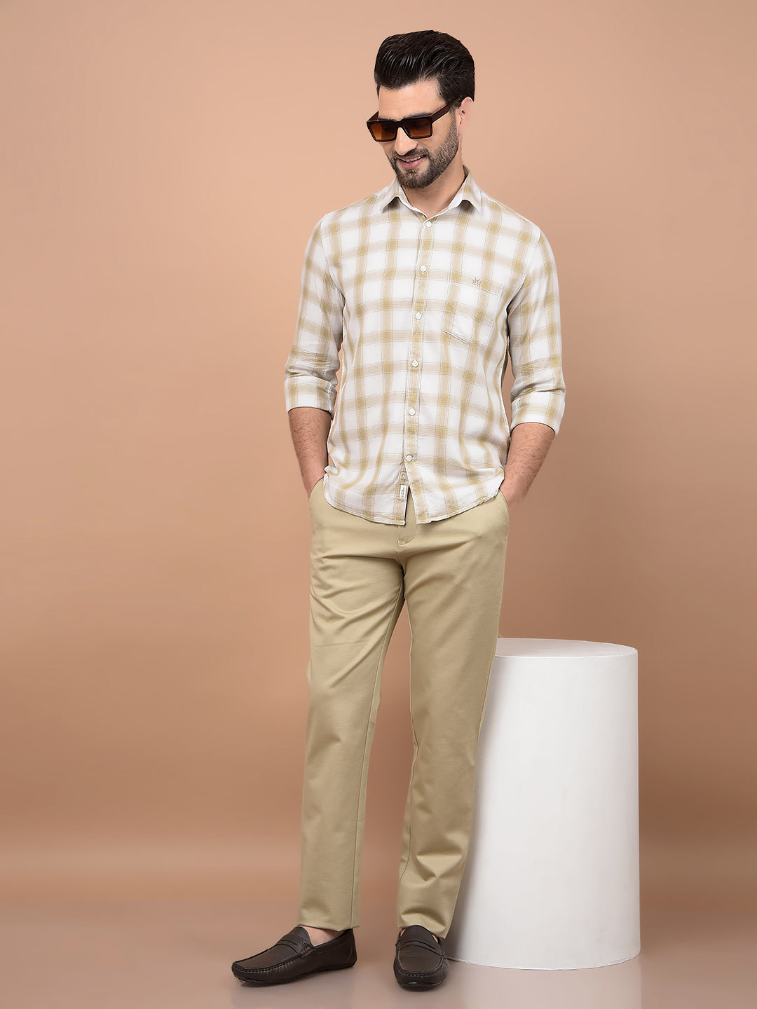 Beige Checked 100% Cotton Shirt