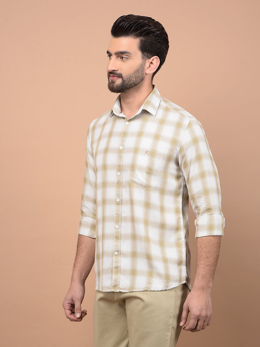 Beige Checked 100% Cotton Shirt