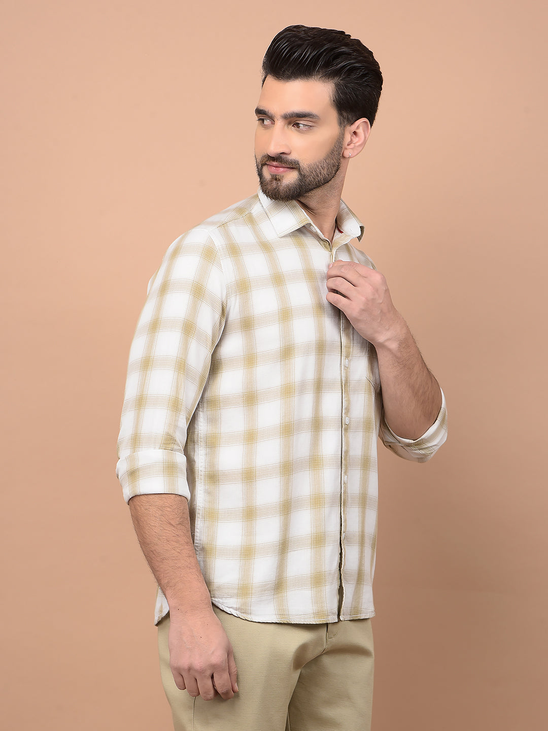 Beige Checked 100% Cotton Shirt