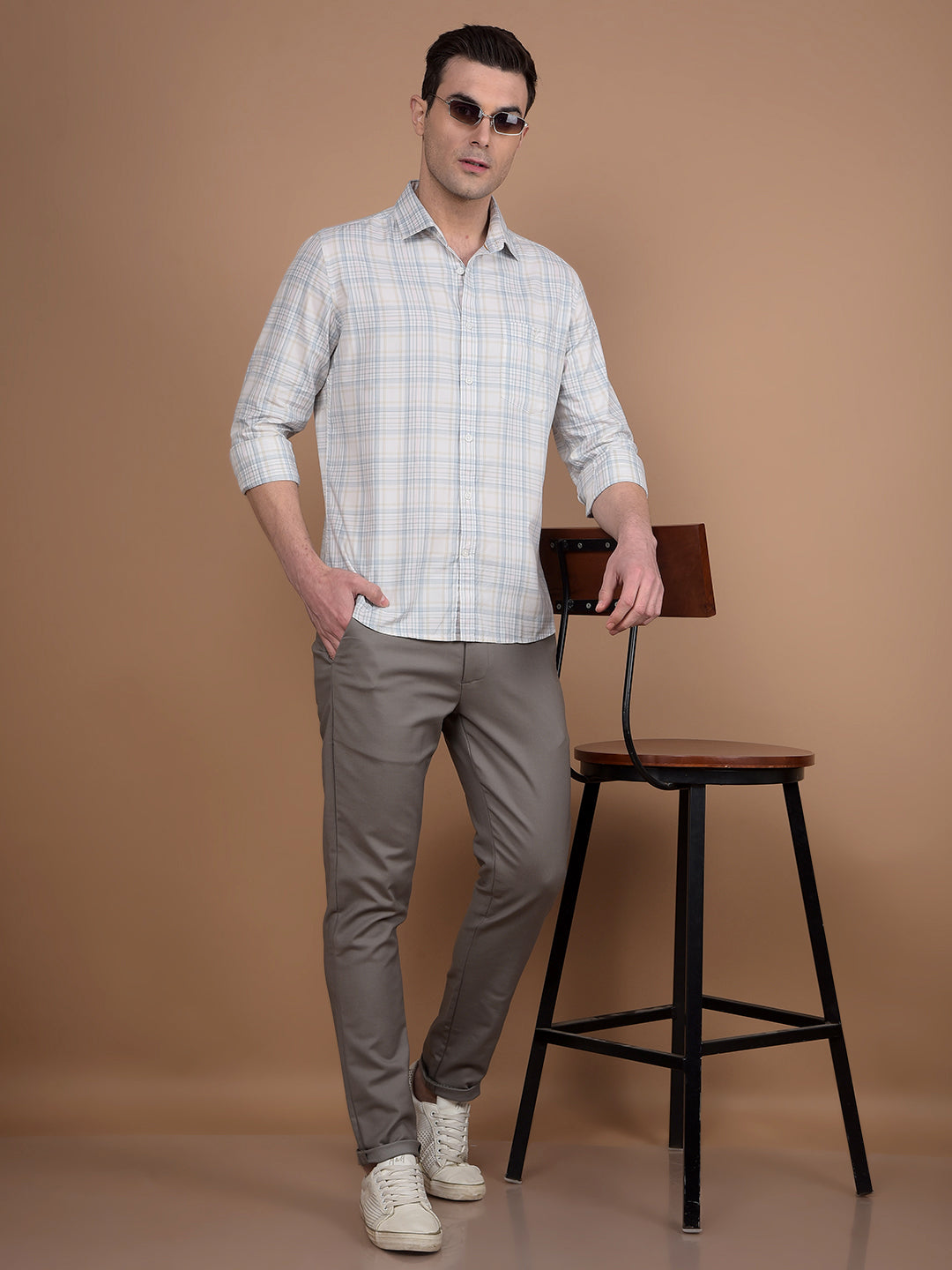 Beige Checked 100% Cotton Shirt-Men Shirts-Crimsoune Club