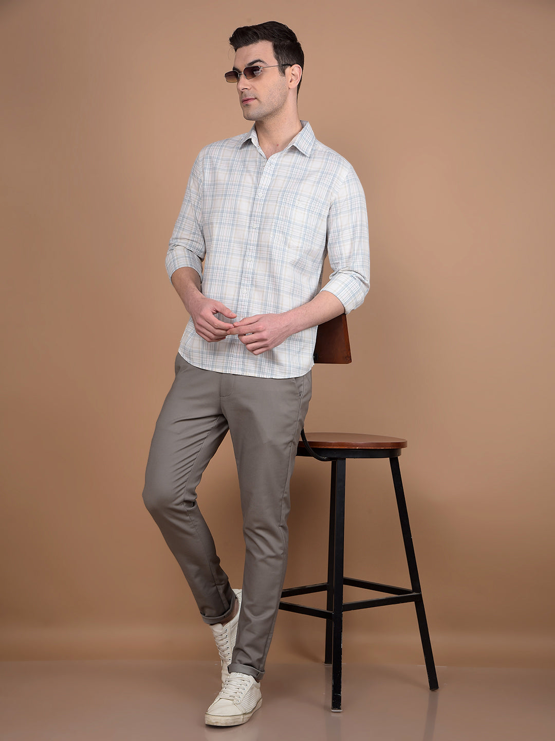 Beige Checked 100% Cotton Shirt-Men Shirts-Crimsoune Club