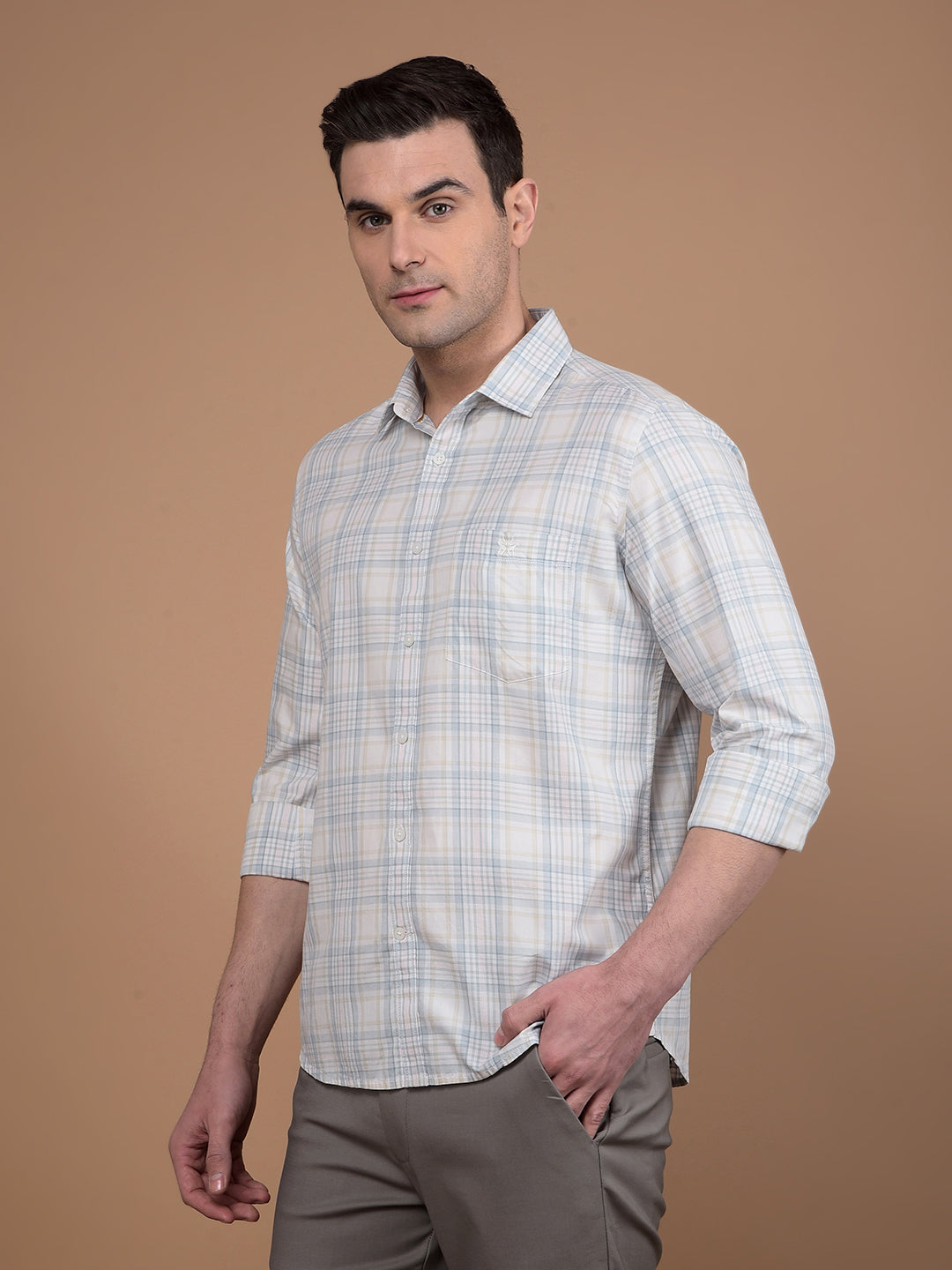 Beige Checked 100% Cotton Shirt-Men Shirts-Crimsoune Club