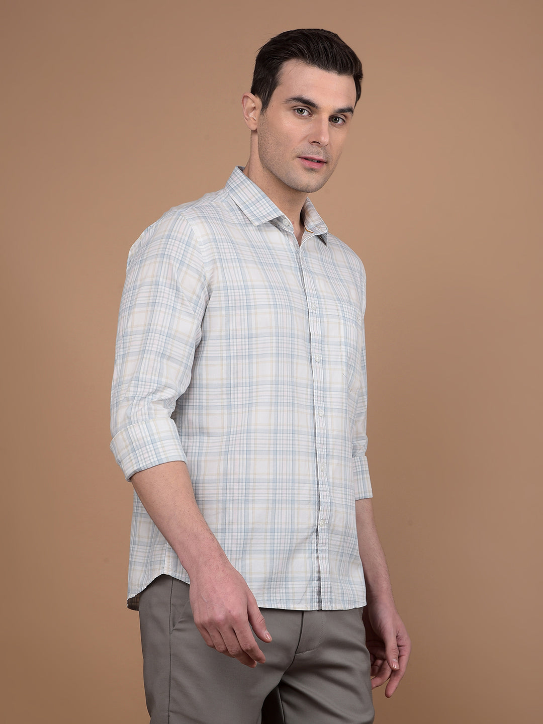 Beige Checked 100% Cotton Shirt-Men Shirts-Crimsoune Club