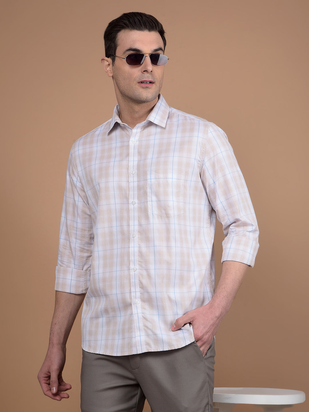 Beige Checked 100% Cotton Shirt-Men Shirts-Crimsoune Club