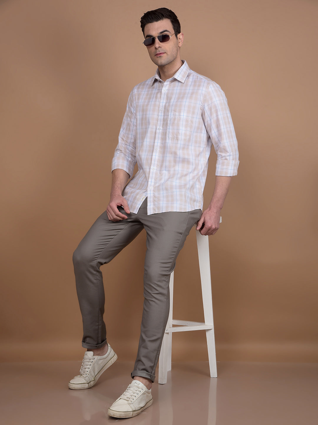 Beige Checked 100% Cotton Shirt-Men Shirts-Crimsoune Club