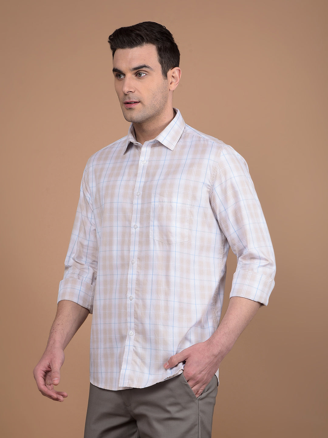 Beige Checked 100% Cotton Shirt