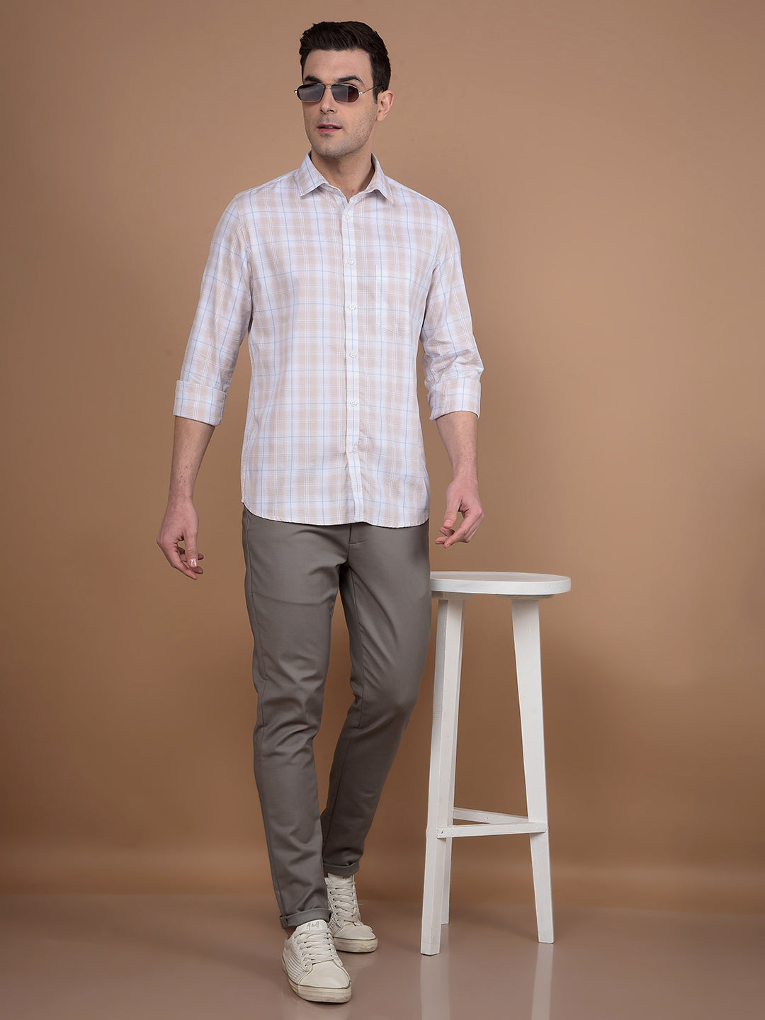 Beige Checked 100% Cotton Shirt