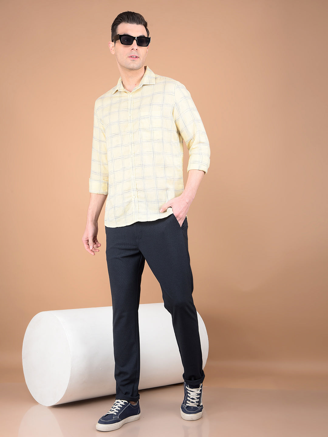 Beige Checked Linen Shirt-Men Shirts-Crimsoune Club