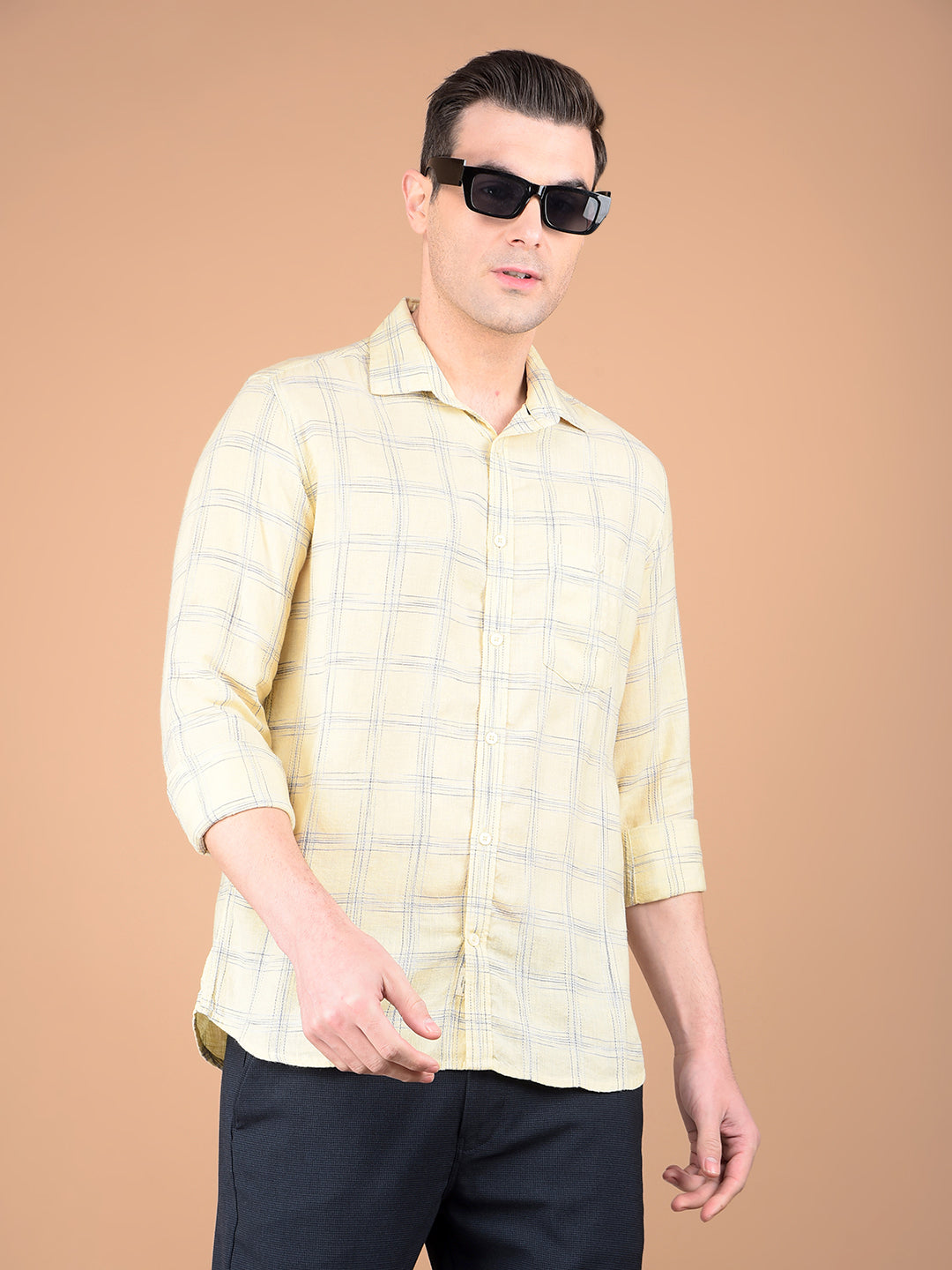 Beige Checked Linen Shirt-Men Shirts-Crimsoune Club