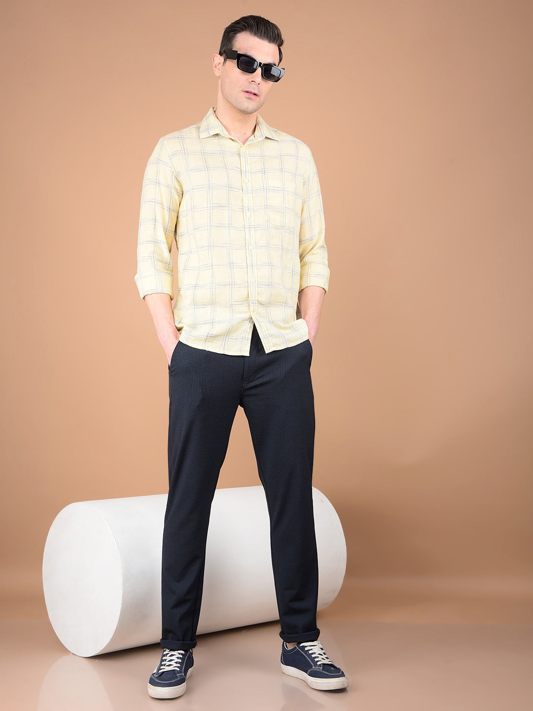 Beige Checked Linen Shirt-Men Shirts-Crimsoune Club