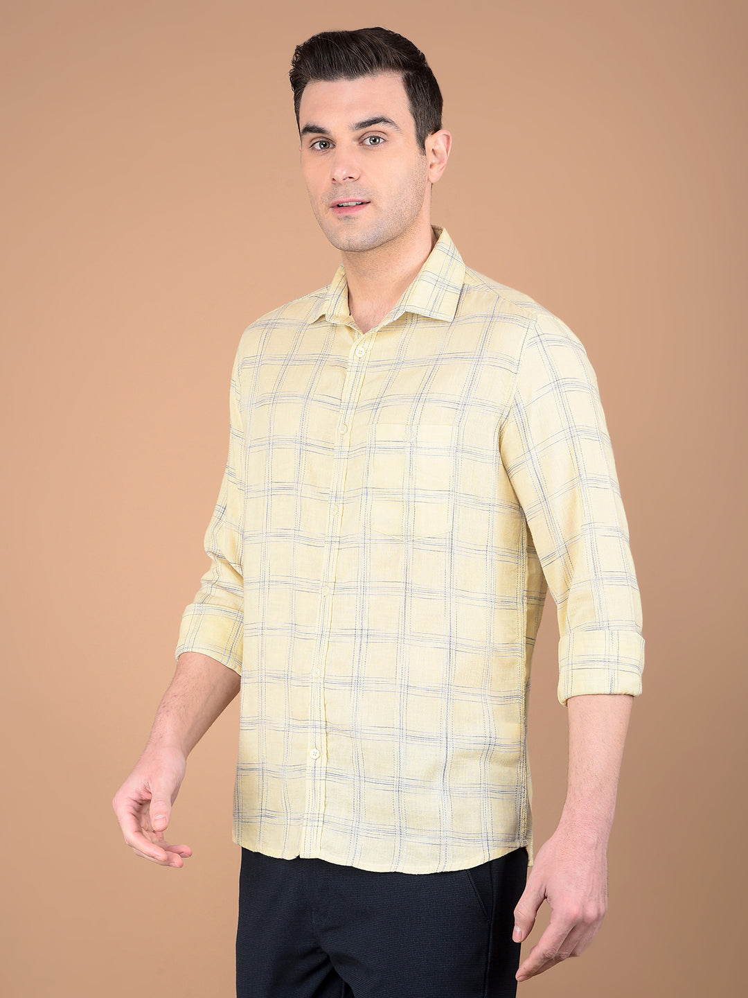 Beige Checked Linen Shirt-Men Shirts-Crimsoune Club