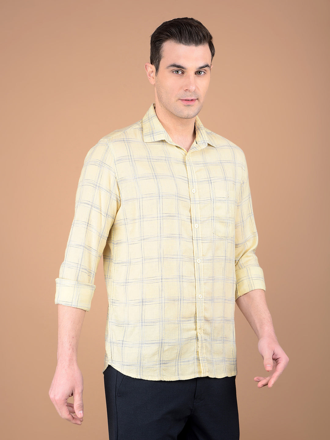 Beige Checked Linen Shirt-Men Shirts-Crimsoune Club