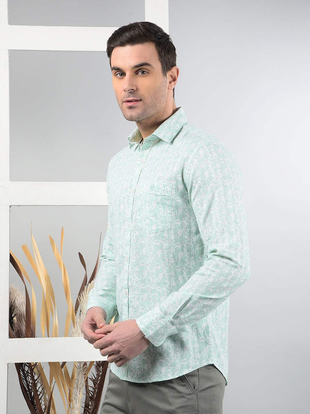 Green Floral Print 100% Cotton Shirt-Men Shirts-Crimsoune Club