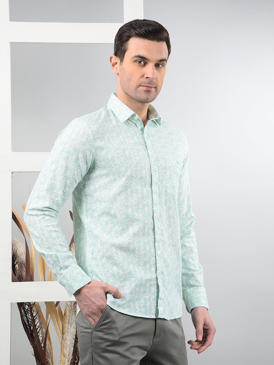 Green Floral Print 100% Cotton Shirt-Men Shirts-Crimsoune Club