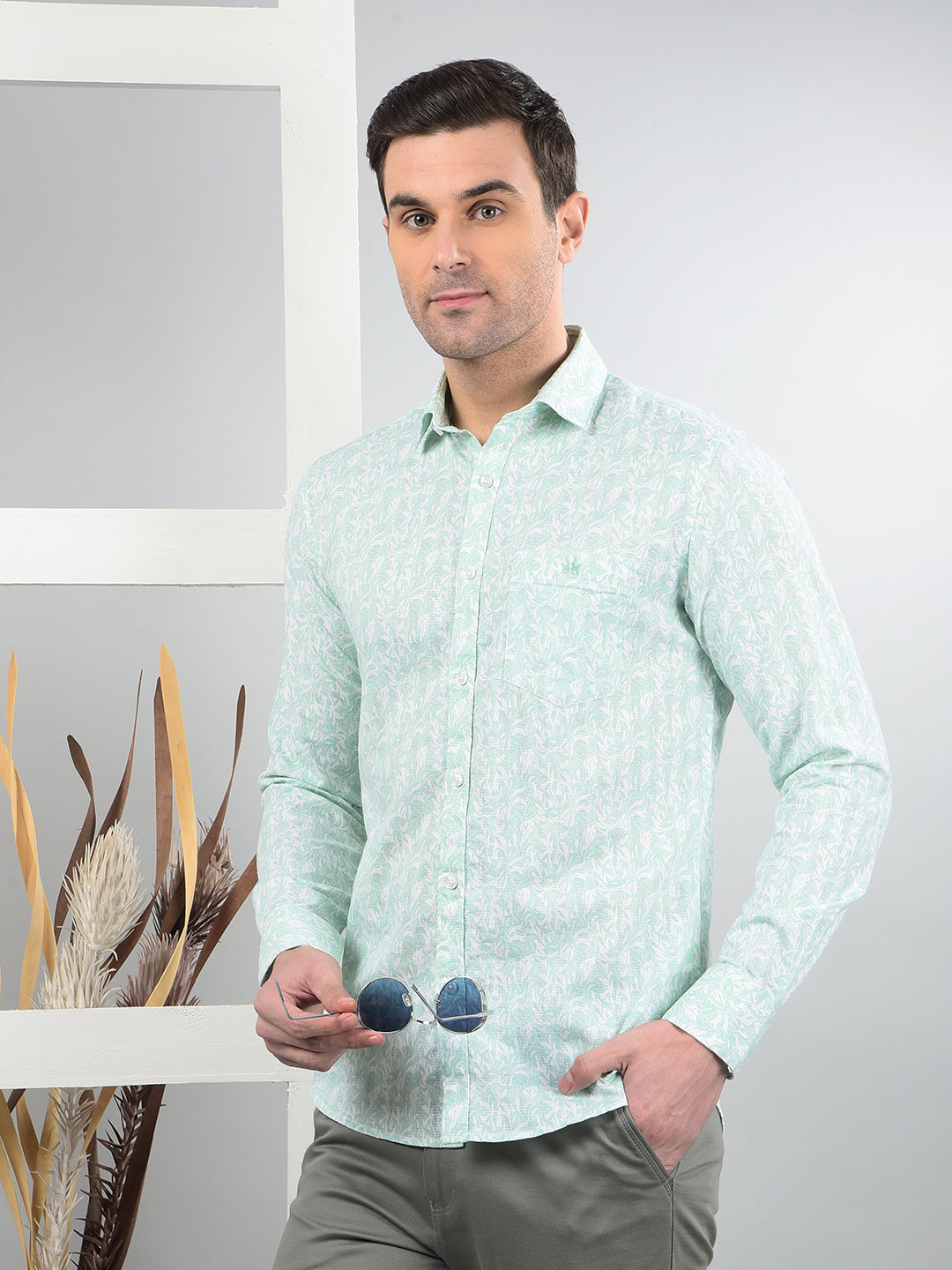 Green Floral Print 100% Cotton Shirt-Men Shirts-Crimsoune Club