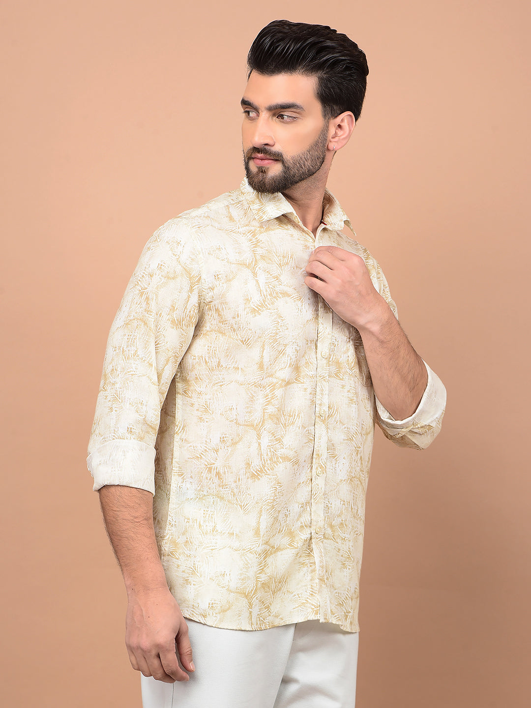 Olive Floral Print Linen Shirt