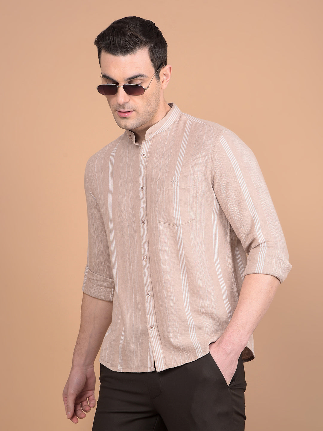 Brown Vertical Stripes 100% Cotton Shirt-Men Shirts-Crimsoune Club