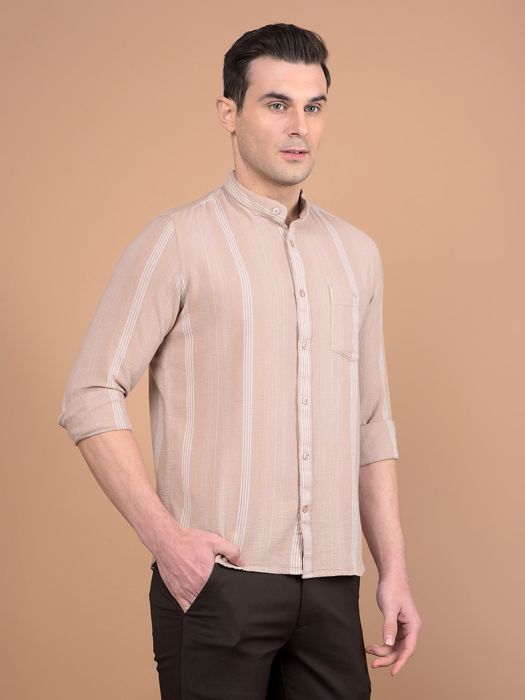 Brown Vertical Stripes 100% Cotton Shirt-Men Shirts-Crimsoune Club