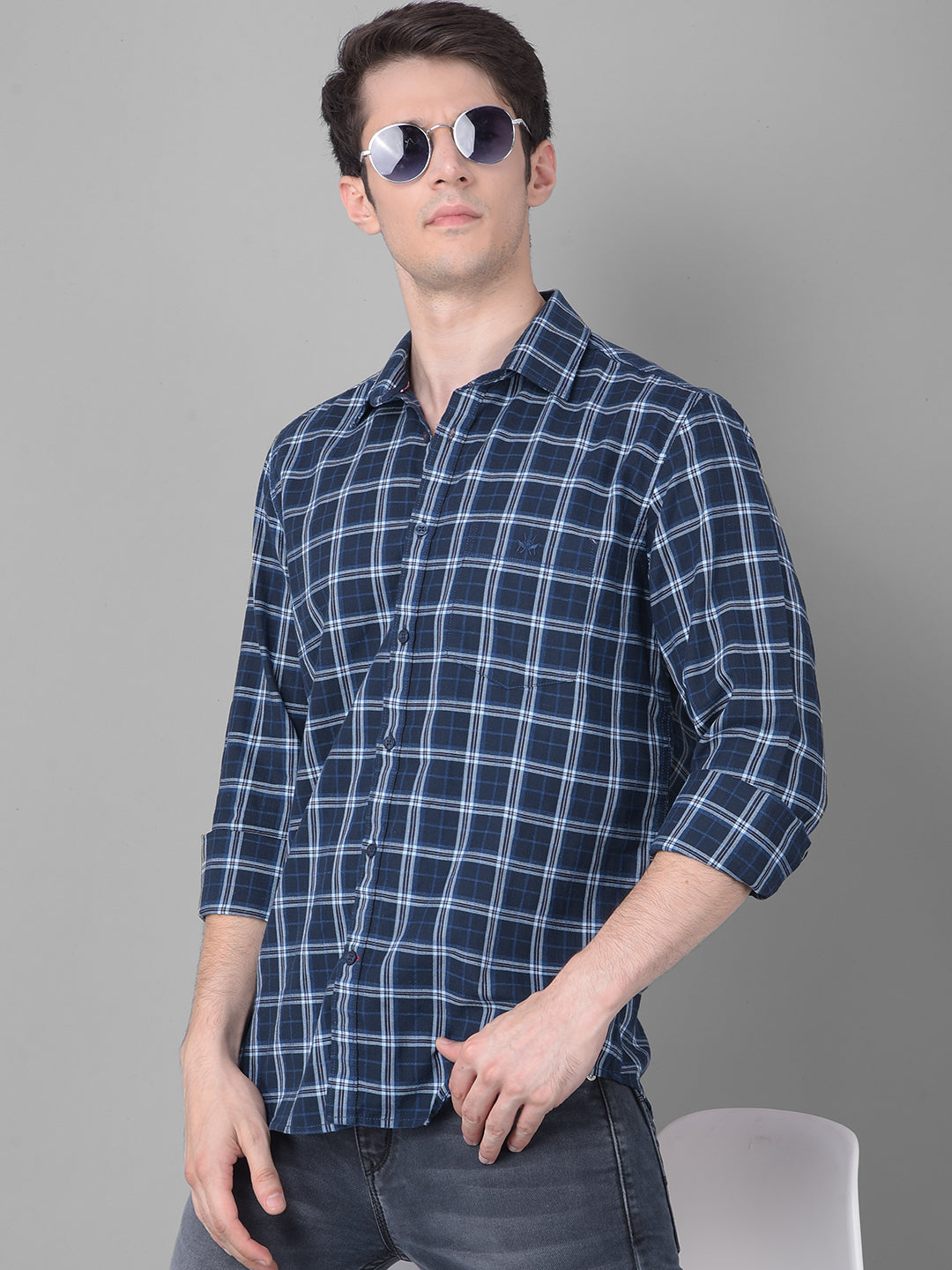 Navy Blue Checked Shirt-Men Shirts-Crimsoune Club