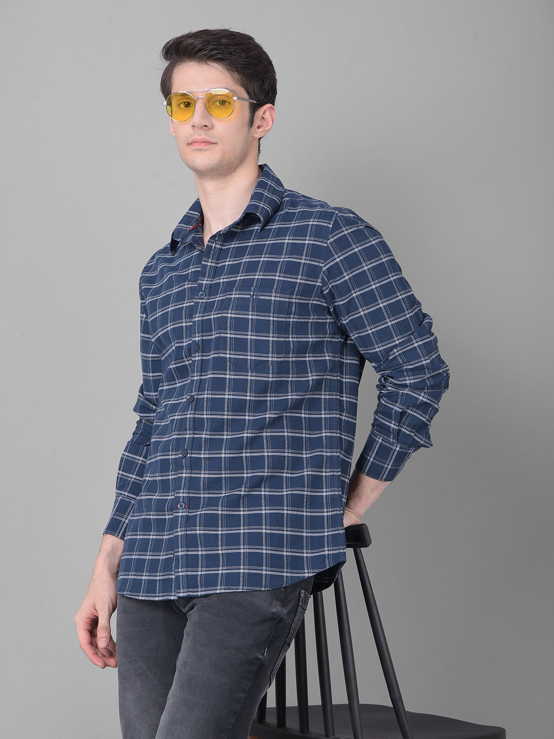 Navy Blue Checked Shirt-Men Shirts-Crimsoune Club