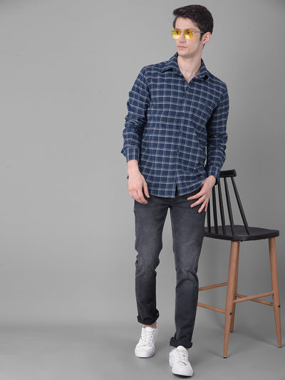 Navy Blue Checked Shirt-Men Shirts-Crimsoune Club