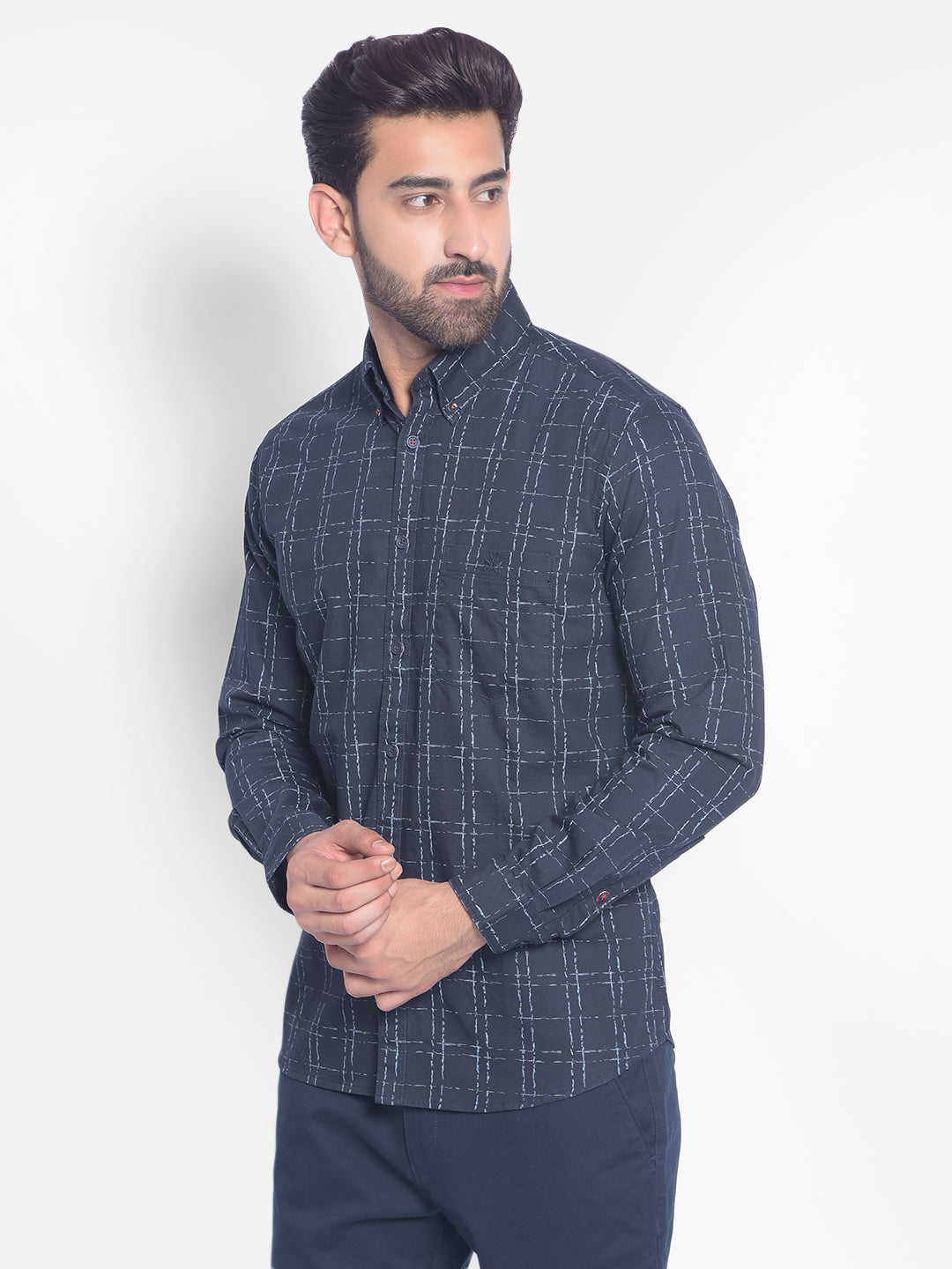 Navy Blue Checked Shirt-Men Shirts-Crimsoune Club