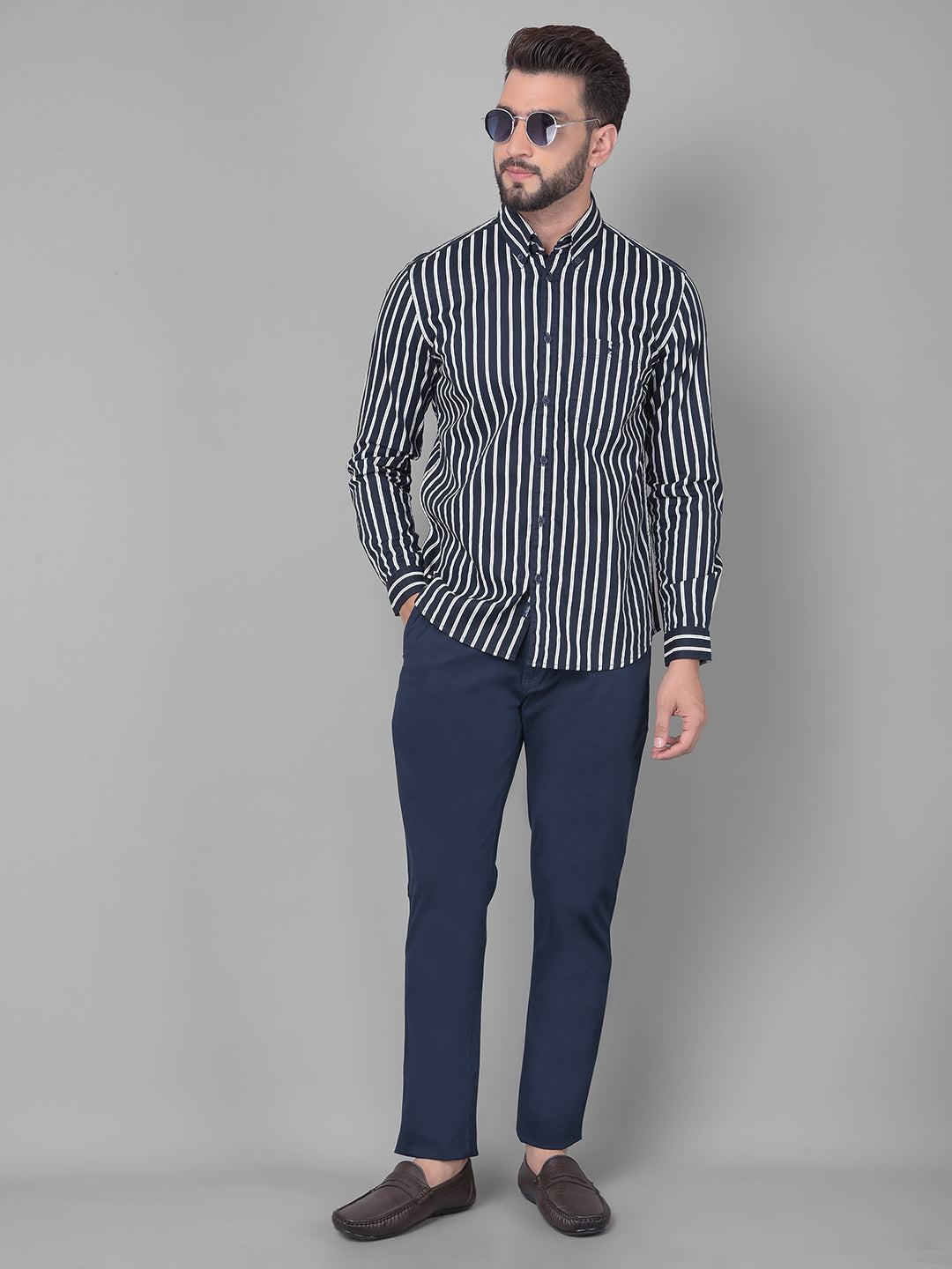 Navy Blue Striped Shirt-Men Shirts-Crimsoune Club