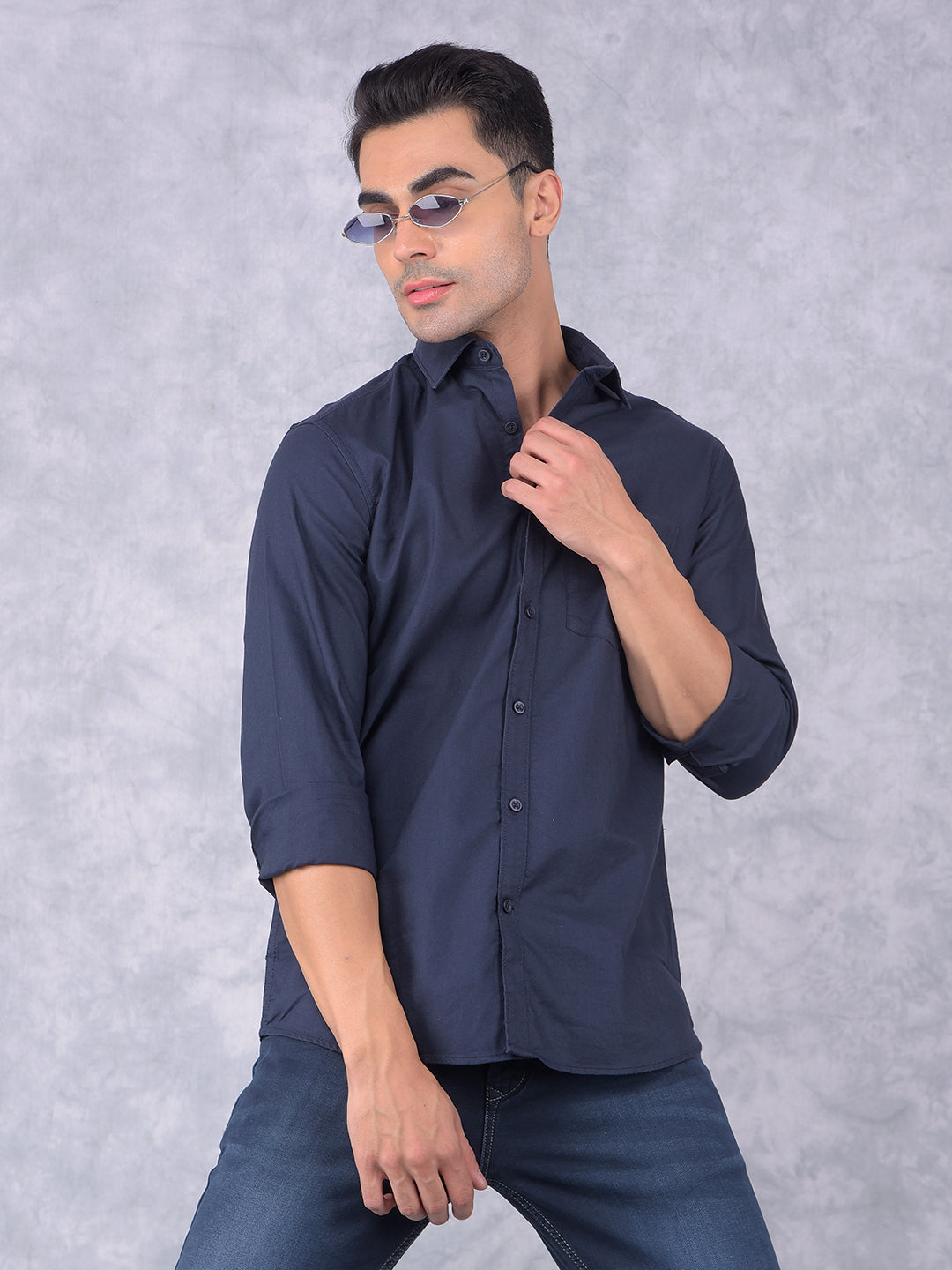 Navy Blue 100% Cotton Shirt-Men Shirts-Crimsoune Club