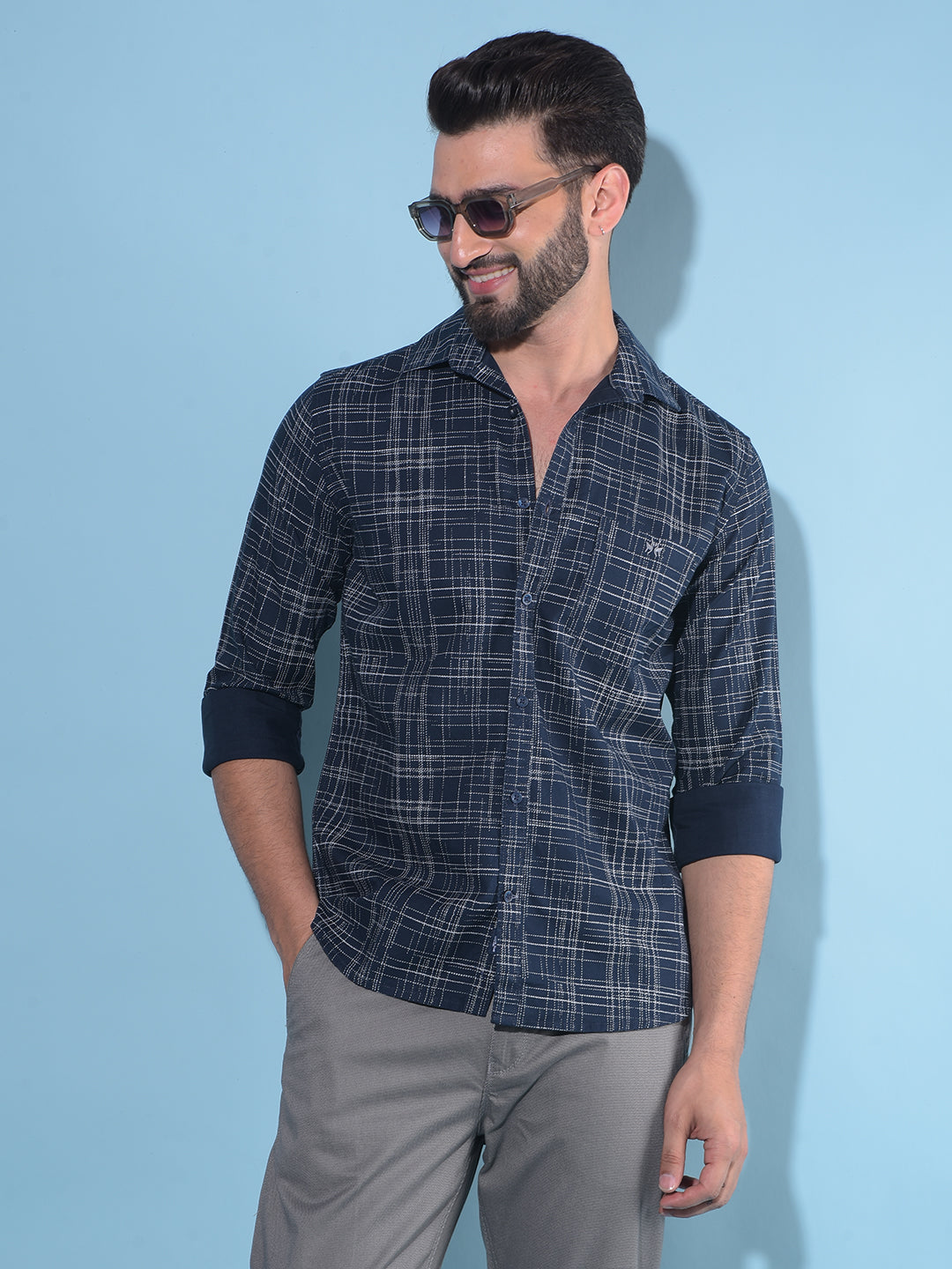 Navy Blue Printed 100% Cotton Shirt-Men Shirts-Crimsoune Club