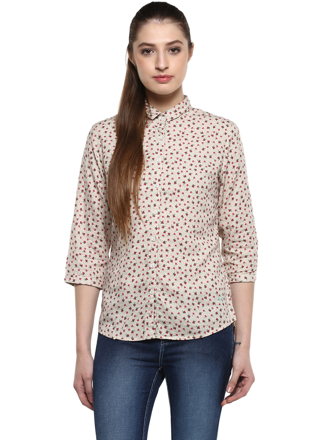 Beige Floral Printed Shirt-Women Shirts-Crimsoune Club