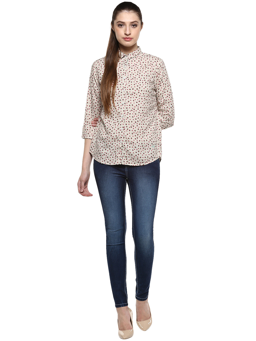 Beige Floral Printed Shirt-Women Shirts-Crimsoune Club