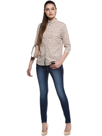 Beige Floral Printed Shirt-Women Shirts-Crimsoune Club