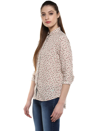 Beige Floral Printed Shirt-Women Shirts-Crimsoune Club