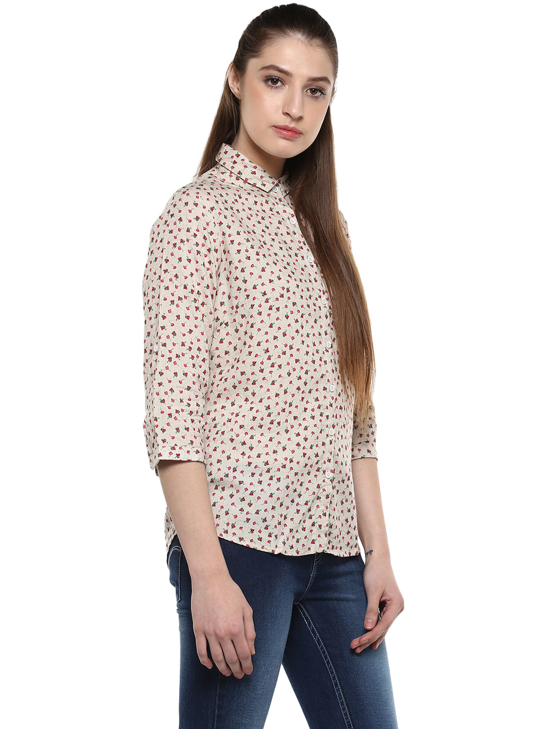 Beige Floral Printed Shirt-Women Shirts-Crimsoune Club