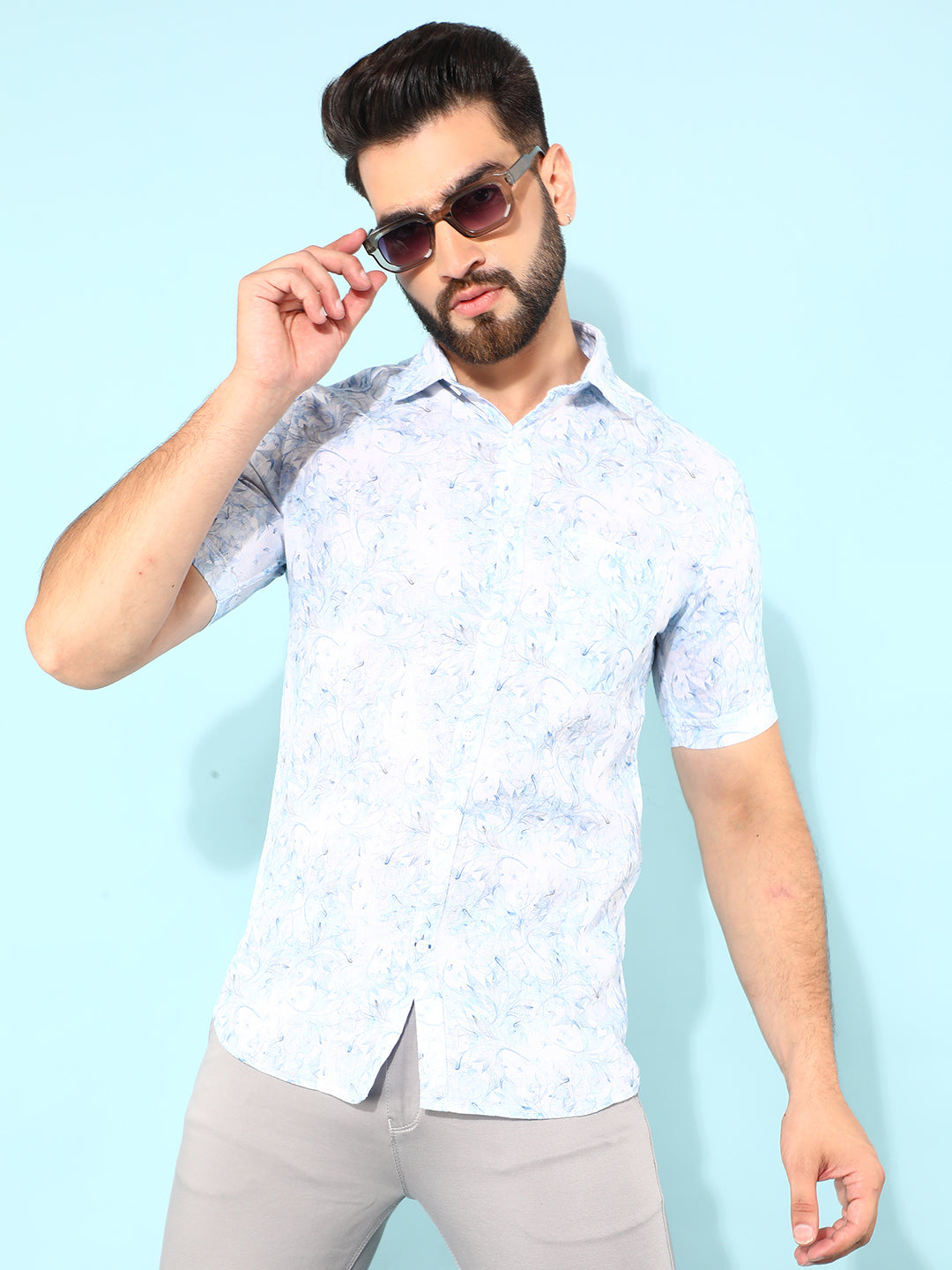 Blue 100% Cotton Floral Print Shirt-Men Shirts-Crimsoune Club