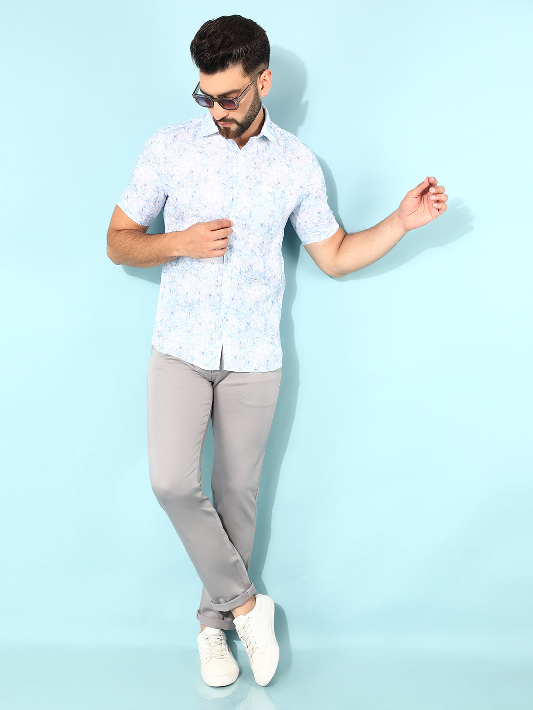 Blue 100% Cotton Floral Print Shirt-Men Shirts-Crimsoune Club