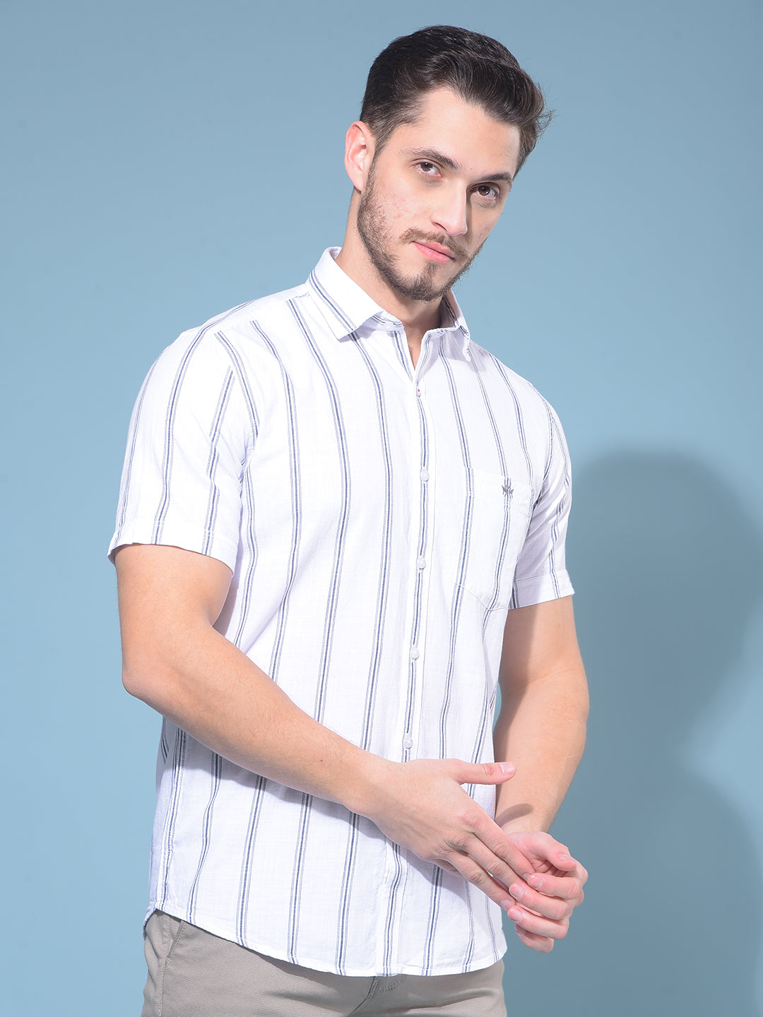 White Vertical Striped 100% Cotton Shirt-Men Shirts-Crimsoune Club