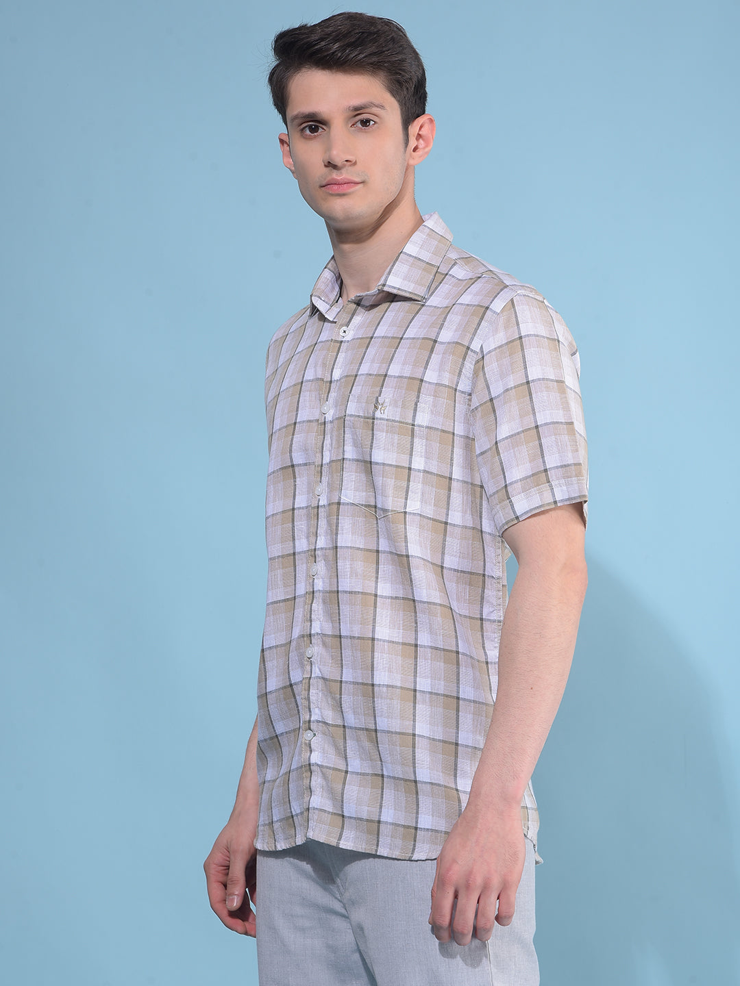 Beige Plain Check Linen Shirt-Men Shirts-Crimsoune Club