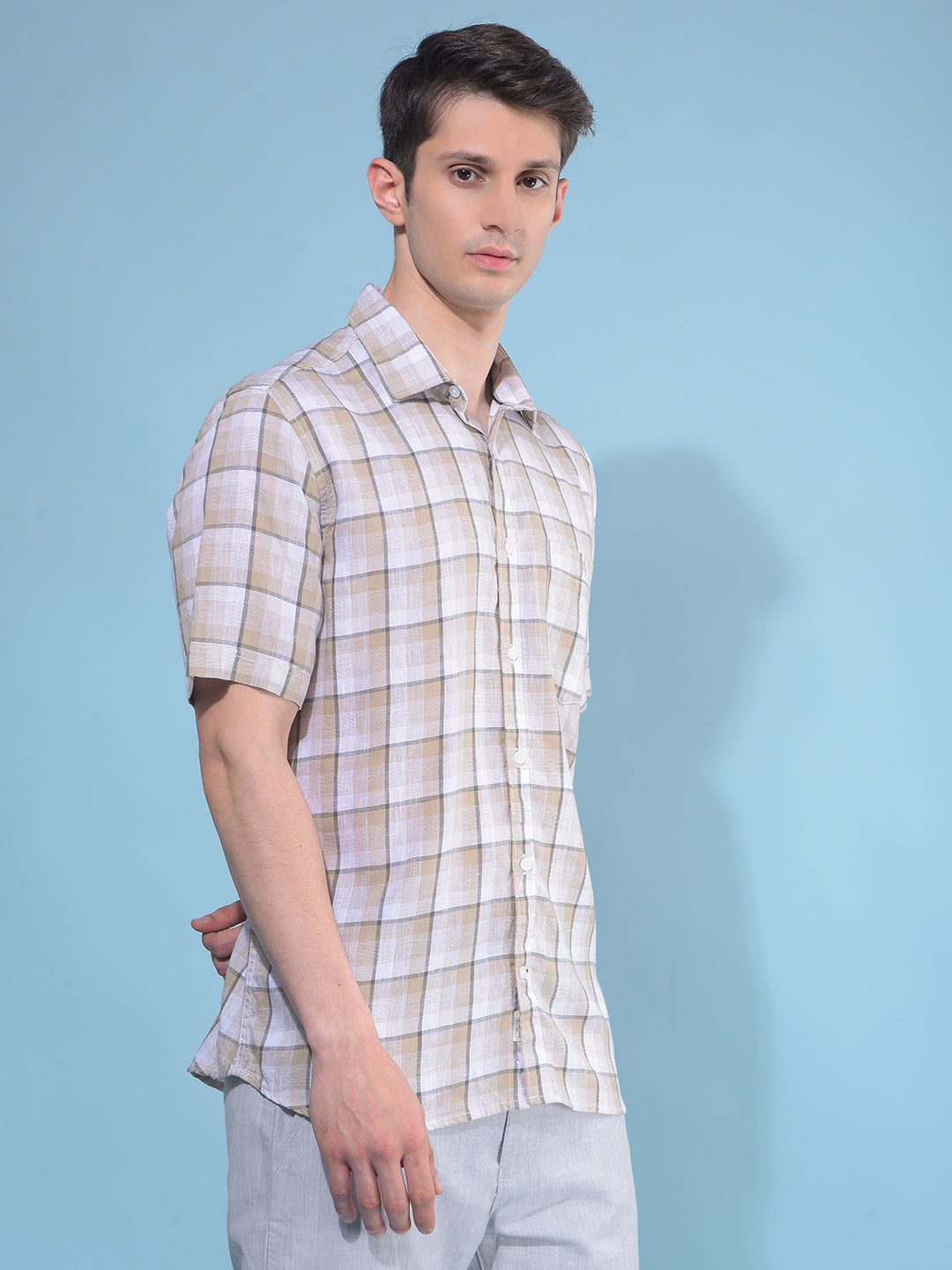 Beige Plain Check Linen Shirt-Men Shirts-Crimsoune Club