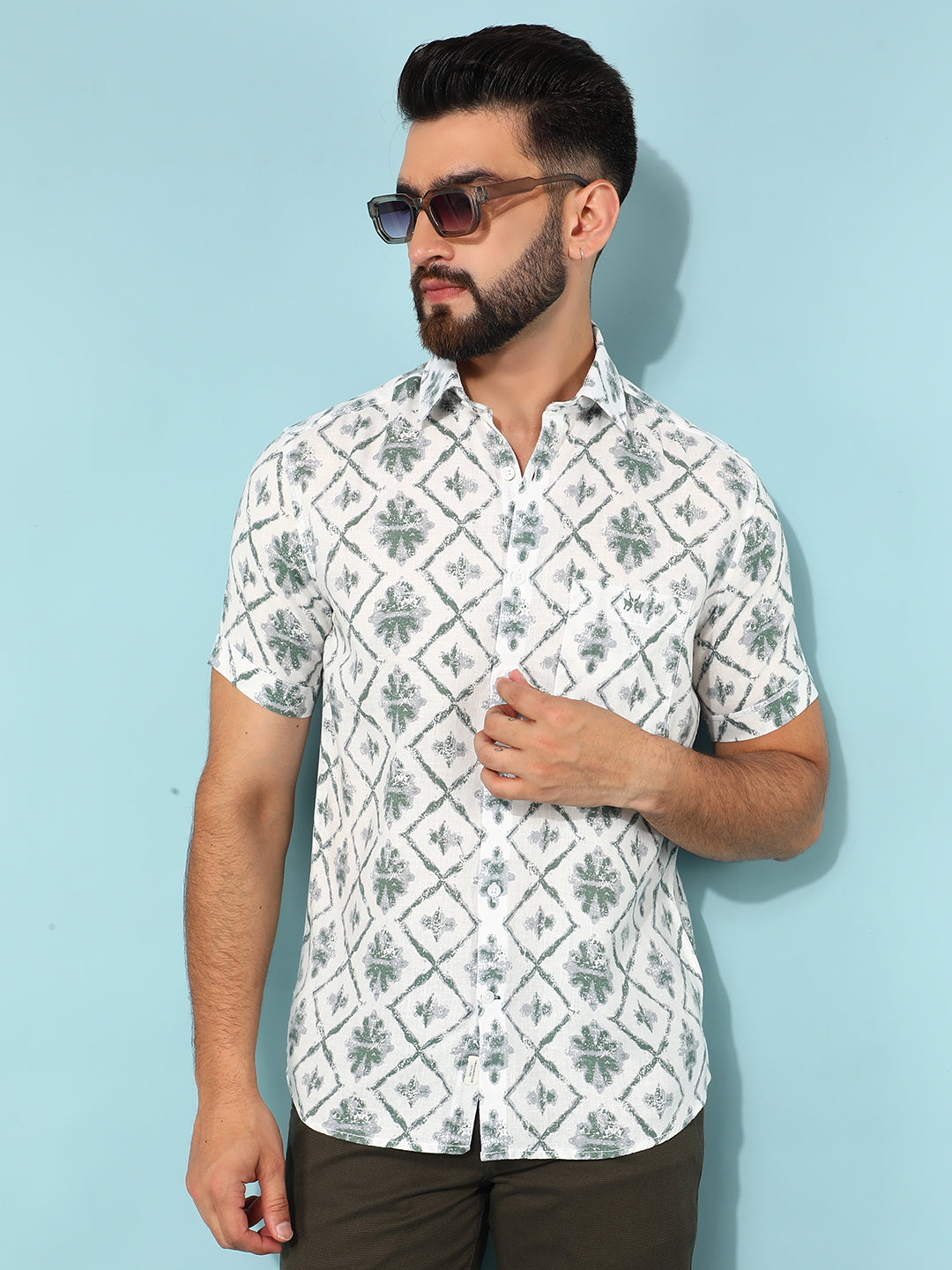 Green Floral Print Linen Shirt-Men Shirts-Crimsoune Club