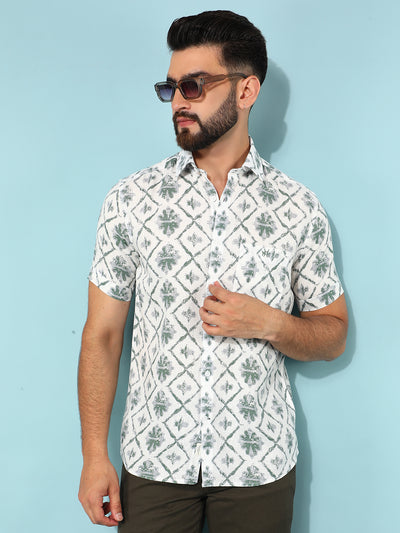 Green Floral Print Linen Shirt-Men Shirts-Crimsoune Club