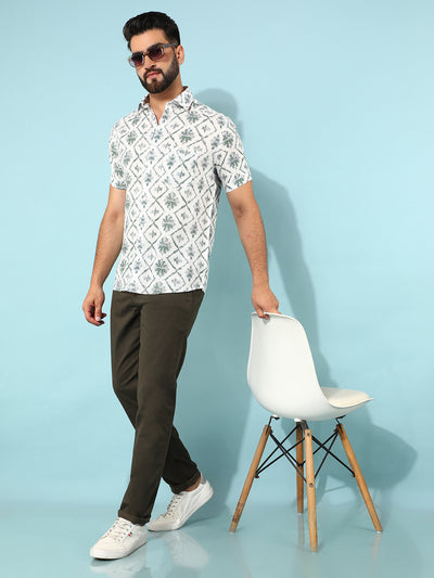 Green Floral Print Linen Shirt-Men Shirts-Crimsoune Club