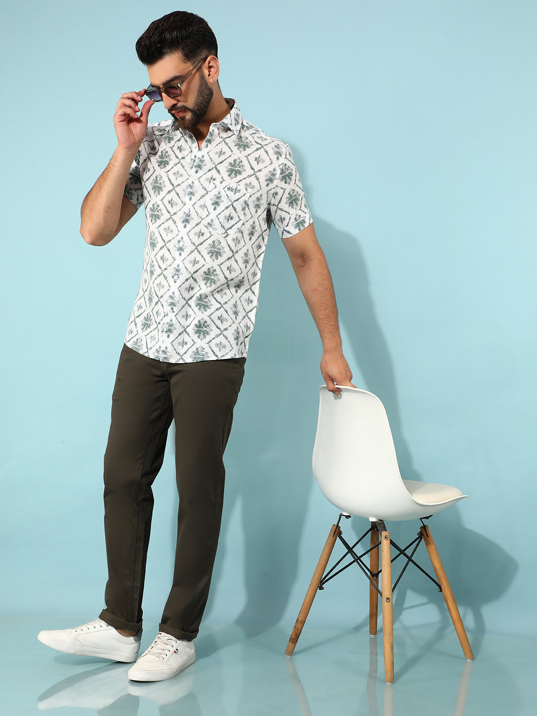 Green Floral Print Linen Shirt-Men Shirts-Crimsoune Club