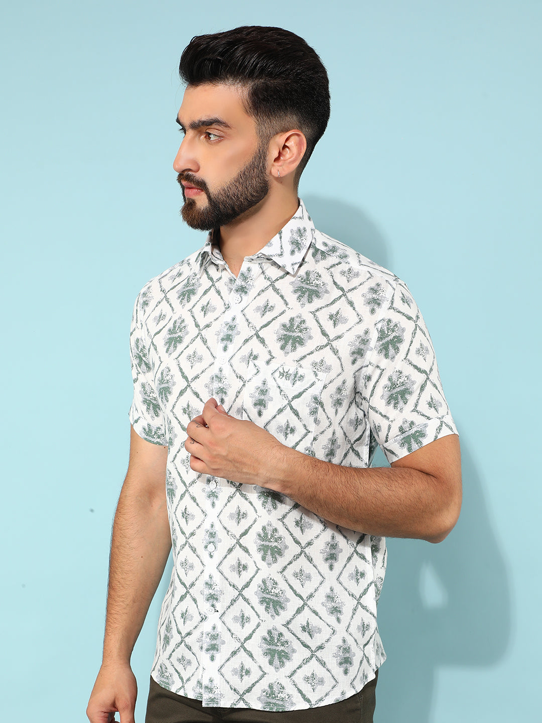 Green Floral Print Linen Shirt-Men Shirts-Crimsoune Club