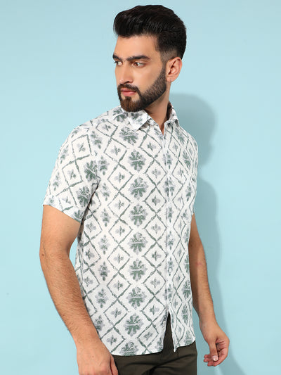 Green Floral Print Linen Shirt-Men Shirts-Crimsoune Club